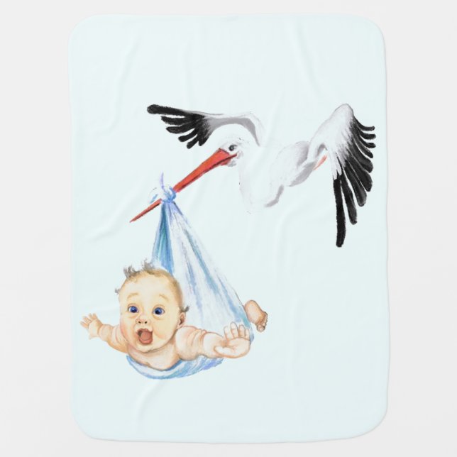 Funny Baby Blanket with Stork Carrying Baby (Front)