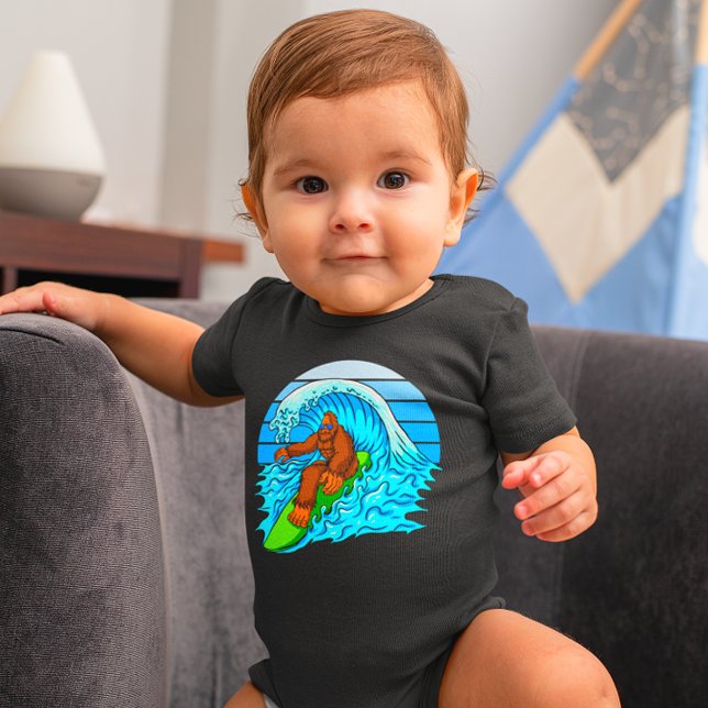 Funny Baby Boy Bigfoot Sasquatch Surfing Sports Baby Bodysuit (Creator Uploaded)