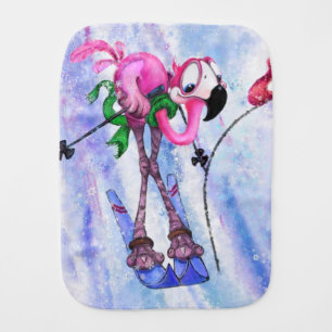 Funny Baby Burp Cloth with Pink Flamingo Skier