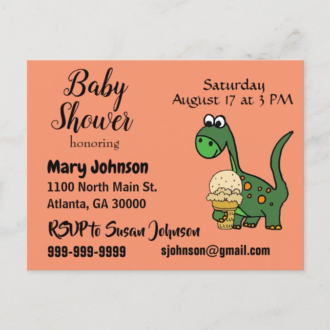 Funny Baby Dinosaur and Ice Cream Baby Shower Invitation Postcard (Front)