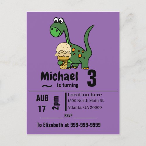 Funny Baby Dinosaur and Ice Cream Birthday Party Invitation Postcard