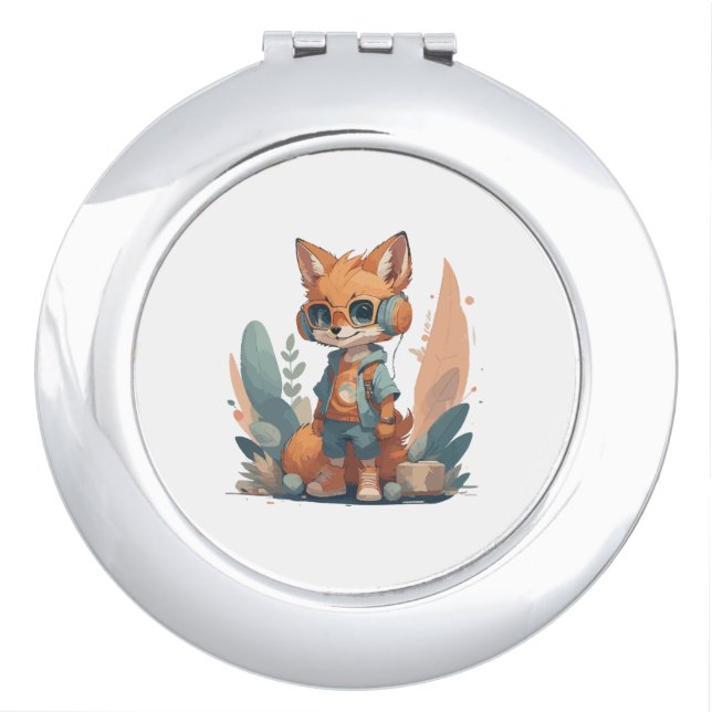 Funny baby fox headphone compact mirror (Front)