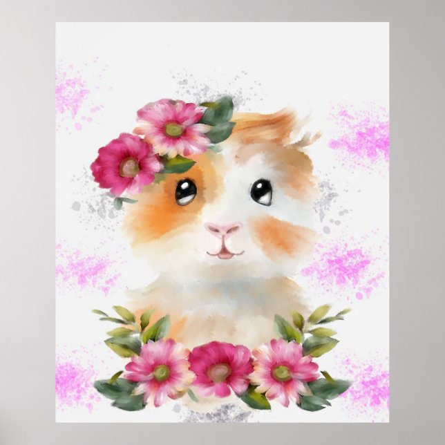 Funny Baby Guinea Pig With Flower Gift Lovers Poster (Front)