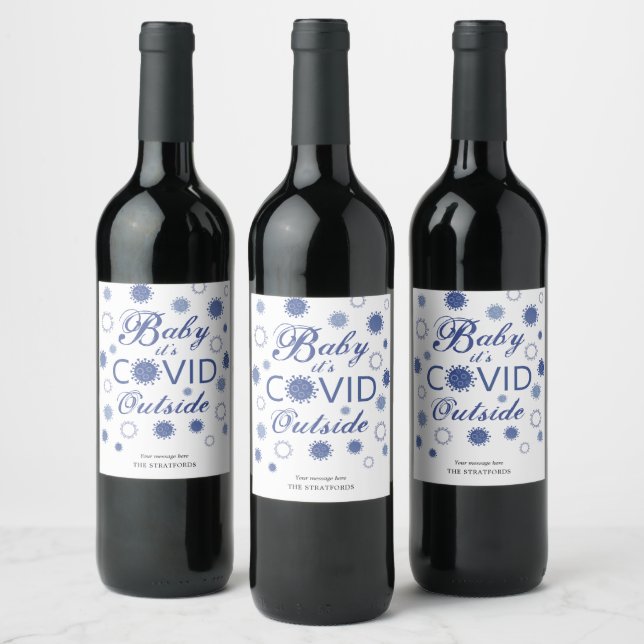 Funny BABY ITS COVID OUTSIDE Blue Personalized Wine Label (Bottles)