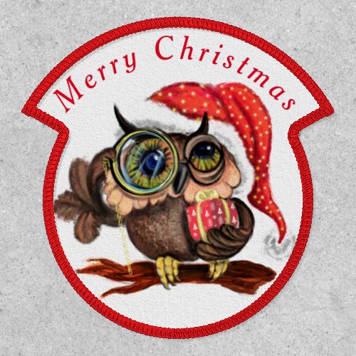 Funny Baby Owl In Christmas Hat and Gift For You  Patch