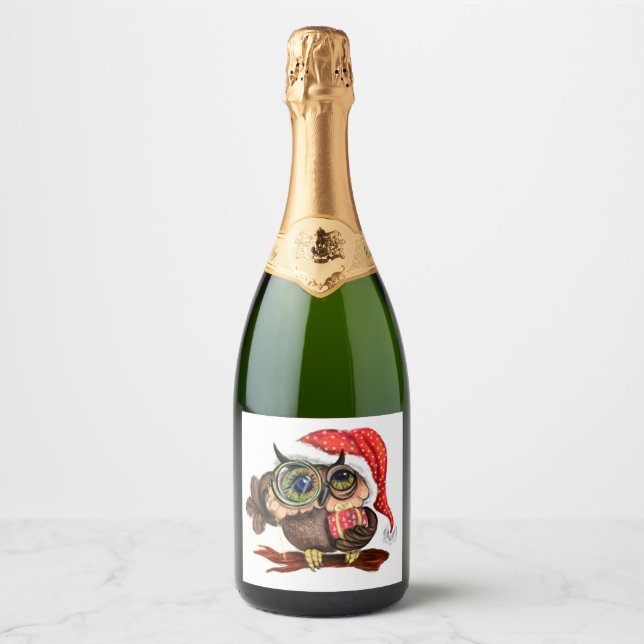 Funny Baby Owl In Christmas Hat and Gift For You Sparkling Wine Label (Front)