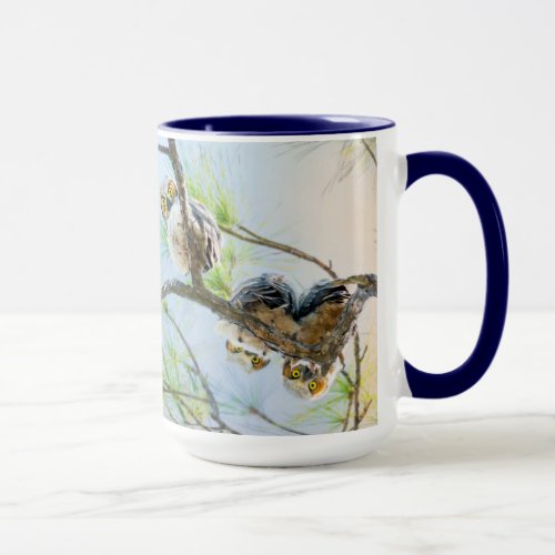 Funny Baby Owls on a Limb wYellow Eyes Fine Art Mug