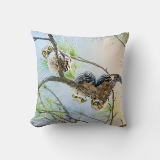 Funny Baby Owls on a Limb w/Yellow Eyes Fine Art Throw Pillow (Front)