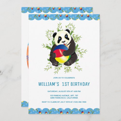 Funny Baby Panda Playing Ball Happy 1st Birthday   Invitation