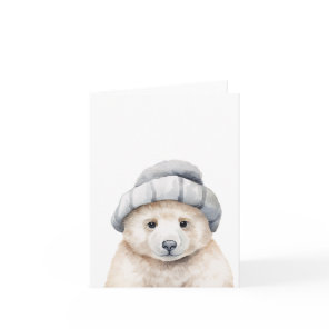 Funny baby polar bear wearing a bonnet in watercol card