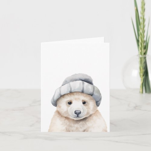 Funny baby polar bear wearing a bonnet in watercol card