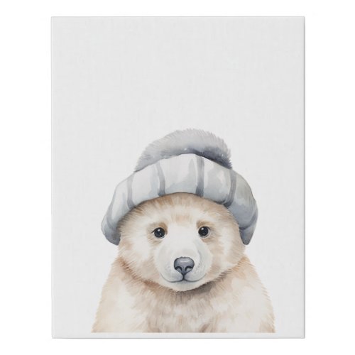 Funny baby polar bear wearing a bonnet in watercol faux canvas print