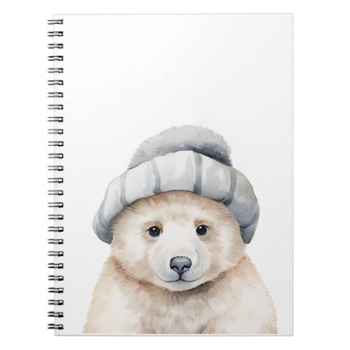Funny baby polar bear wearing a bonnet in watercol notebook