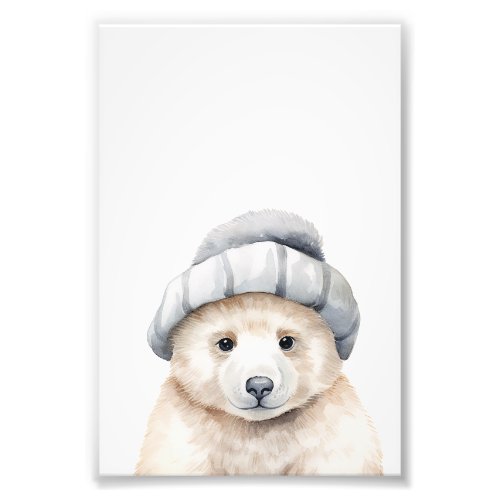 Funny baby polar bear wearing a bonnet in watercol photo print