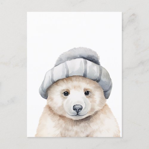 Funny baby polar bear wearing a bonnet in watercol postcard