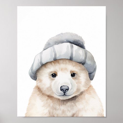 Funny baby polar bear wearing a bonnet in watercol poster