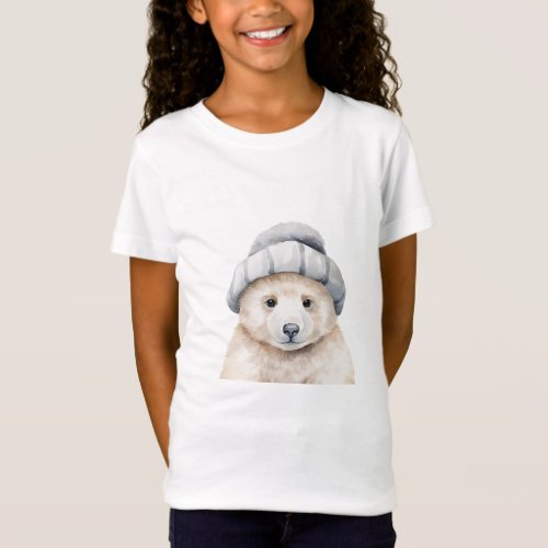 Funny baby polar bear wearing a bonnet in watercol T_Shirt