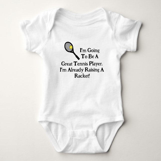 Funny Baby Tennis T-Shirt Raising A Racket! Bodysuit (Front)