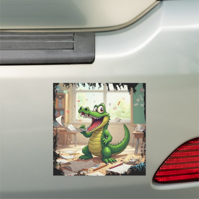 Funny Back to School Dinosaur Eating Homework Car Magnet (In Situ)