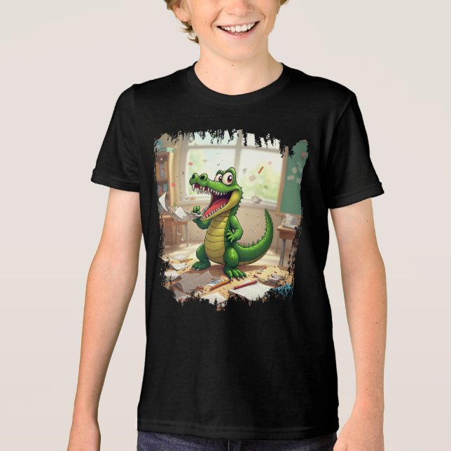 Funny Back to School Dinosaur Eating Homework Tri-Blend Shirt (Front)