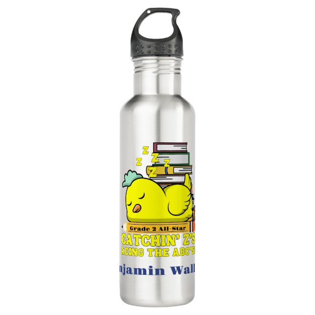 Funny Back to School Grade Name Sleeping Chicken  Stainless Steel Water Bottle (Front)