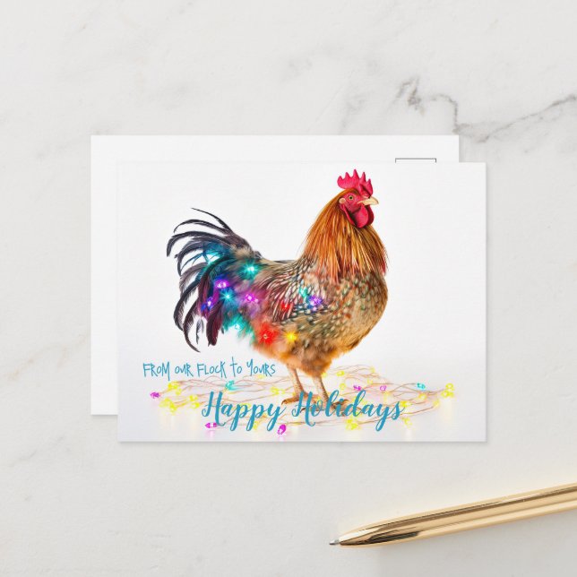 Funny Backyard Chickens Rooster Christmas Lights Postcard (Front/Back In Situ)