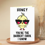 Funny Bad Chick Chicken Spouse Happy Birthday Thank You Card<br><div class="desc">Looking for a unique way to express your love and humor to your romantic partner? Our funny chicken greeting card is the perfect choice for your wife or girlfriend on her birthday! Customize it by adding your own personal message. Design features a cool baby chick wearing sunglasses with a red...</div>
