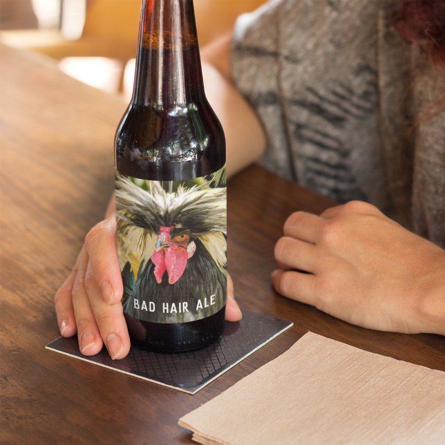 Funny Bad Hair Day Chicken Beer Bottle Label (In Situ)