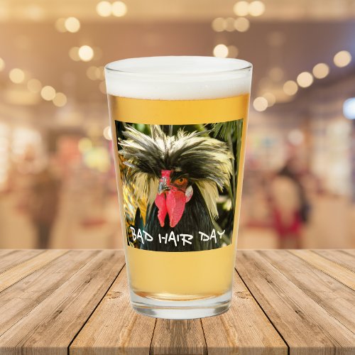 Funny Bad Hair Day Chicken Meme Glass