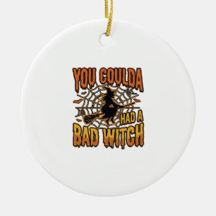 Funny Bad Witch Halloween Vintage Engraving Design Ceramic Ornament