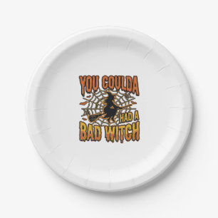 Funny Bad Witch Halloween Vintage Engraving Design Paper Plates