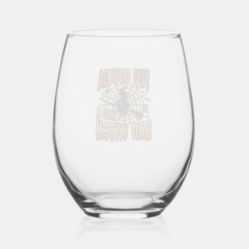 Funny Bad Witch Halloween Vintage Engraving Design Stemless Wine Glass