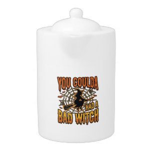 Funny Bad Witch Halloween Vintage Engraving Design Teapot