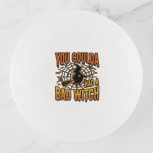 Funny Bad Witch Halloween Vintage Engraving Design Trinket Tray
