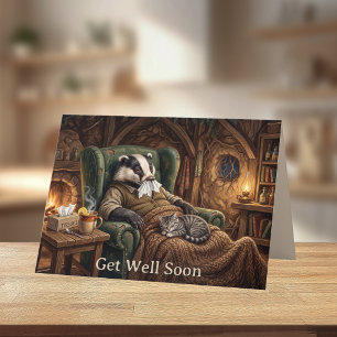 Funny Badger & Cat Get Well Soon   Sick Day Humour Card