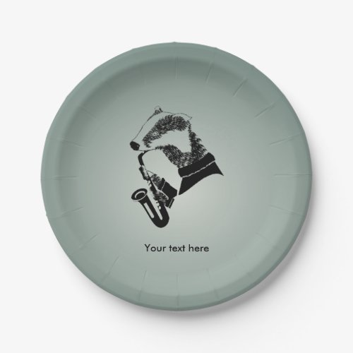 Funny badger playing a saxophone paper plates