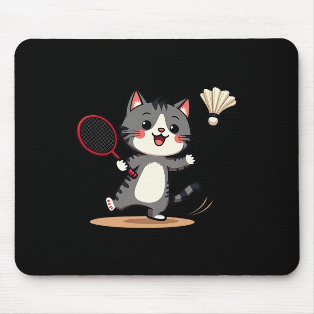 Funny Badminton Cute Cat Racket Shuttle Men Women  Mouse Pad (Front)