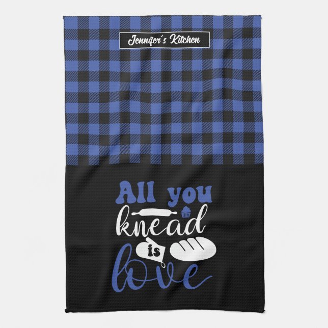 Funny Baker Pun All You Knead Is Love Plaid Kitchen Towel (Vertical)