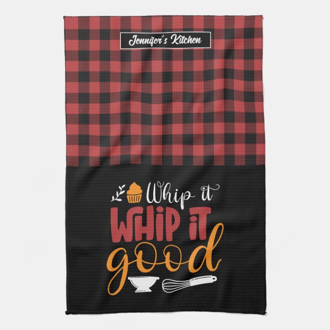 Funny Baker Pun Whip It Good Red Plaid Pattern Kitchen Towel (Vertical)