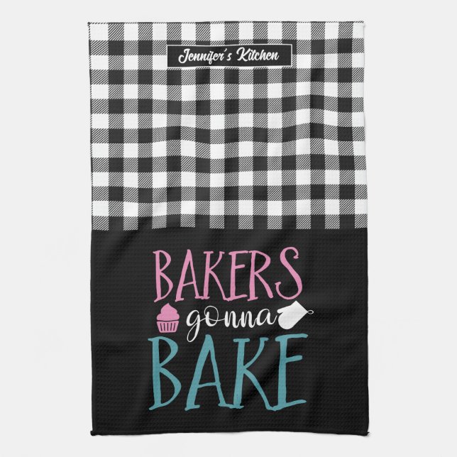 Funny Baking Bakers Gonna Bake Black White Plaid Kitchen Towel (Vertical)