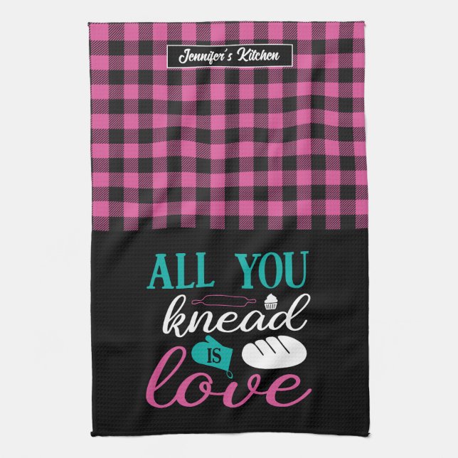Funny Baking Bread All You Knead Is Love Plaid Kitchen Towel (Vertical)