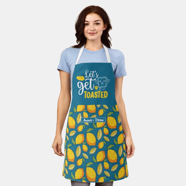 Funny Baking Bread Let's Get Toasted Lemon Pattern Apron (Worn)