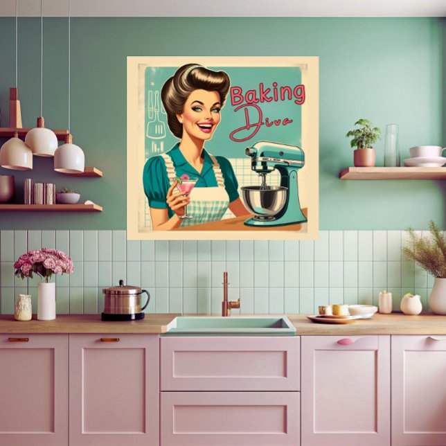 Funny baking diva kitchen mixer 50s comic book  poster (Creator Uploaded)