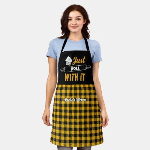 Funny Baking Just Roll With It Black Yellow Plaid Apron