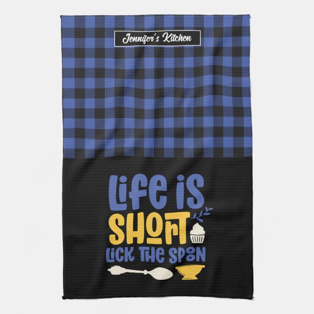 Funny Baking Life Is Short Lick The Spoon Plaid Kitchen Towel (Vertical)