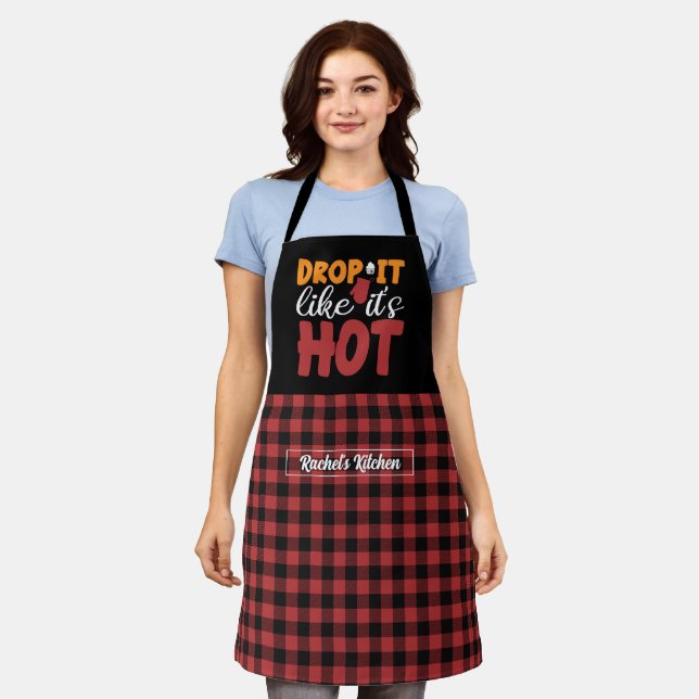 Funny Baking Pun Drop It Black Red Plaid Pattern Apron (Worn)