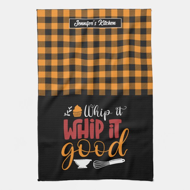Funny Baking Pun Whip It Good Yellow Plaid Pattern Kitchen Towel (Vertical)