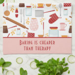 Funny Baking Saying Modern Kitchen Pink Kitchen Towel<br><div class="desc">Funny Baking Saying Modern Kitchen Pink Kitchen Towel Tea Towel features a colorful kitchen themed pattern with the editable text "Baking is cheaper than therapy" in modern script typography. Perfect gift for those who enjoy baking, cooking and being in the kitchen for Christmas, birthday, Mother's Day and for those that...</div>