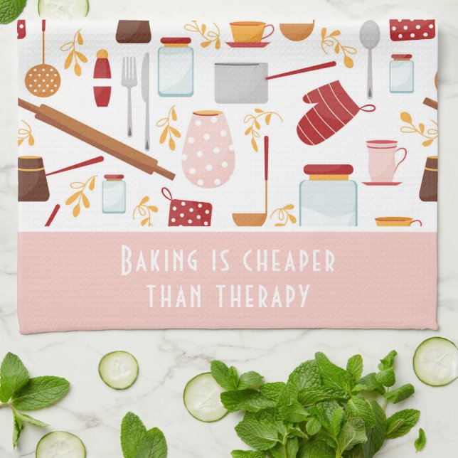 Funny Baking Saying Modern Kitchen Pink Towel (Folded)