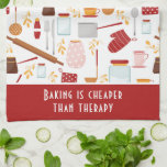 Funny Baking Saying Modern Kitchen Red Kitchen Towel<br><div class="desc">Funny Baking Saying Modern Kitchen Red Kitchen Towel Tea Towel features a colorful kitchen themed pattern with the editable text "Baking is cheaper than therapy" in modern script typography. Perfect gift for those who enjoy baking, cooking and being in the kitchen for Christmas, birthday, Mother's Day and for those that...</div>